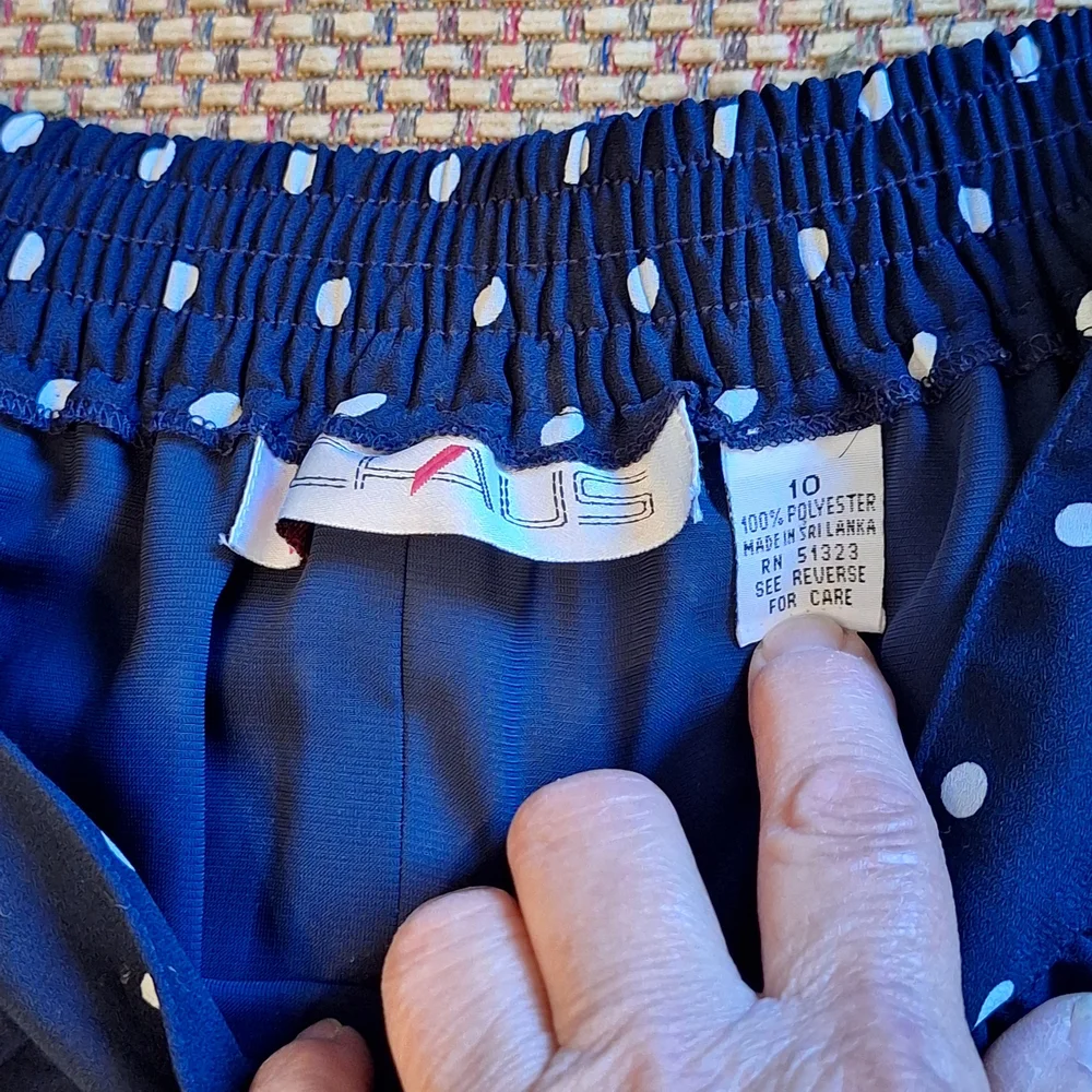 Chaus Vintage Sheer Navy and White Polka Dot Blouse And Adjustable Waist Skirt